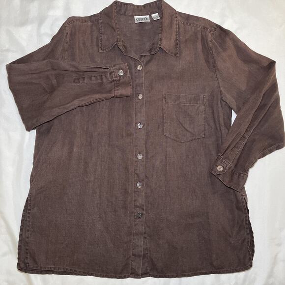 Vintage Chicos Design 100% Linen Shirt Sz 3 XL Brown Button Up Long Sleeve Tunic - Picture 2 of 8